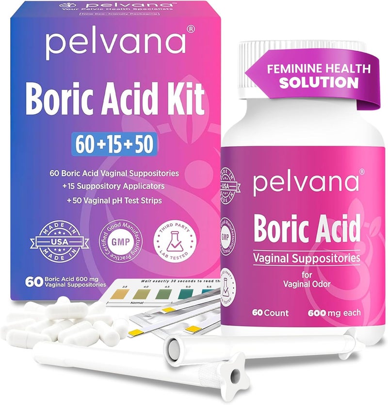 pelvana Boric Acid Suppositories for Women 60 + 15 Applicators + 50 pH Test Strips, Total of 125 Piece Kit for Vaginal Odor - Third-Party Verified & Bottled in The USA - Feminine Health Odor Solution - Image 1